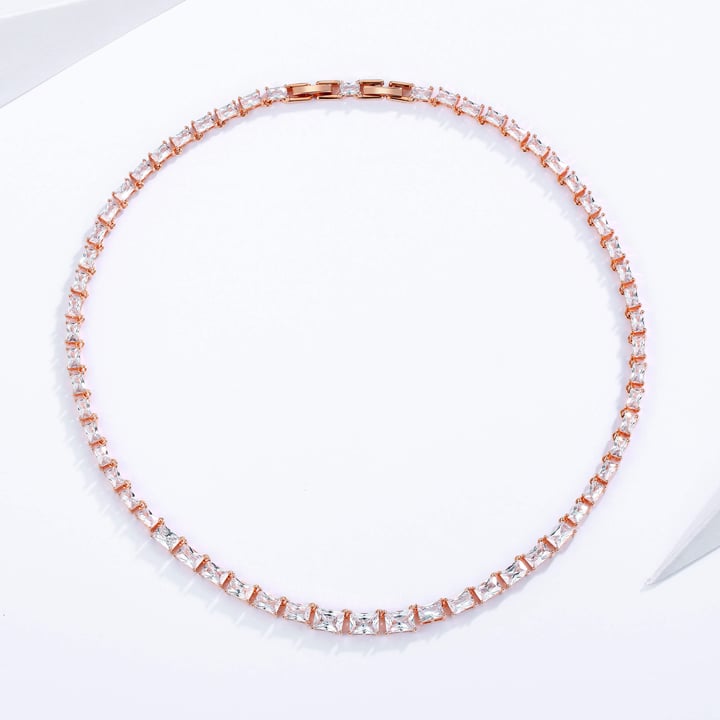 Jazz Tennis Necklace with Baguette Cut Clear Cubic Zirconia Bridal Rose Gold Plated