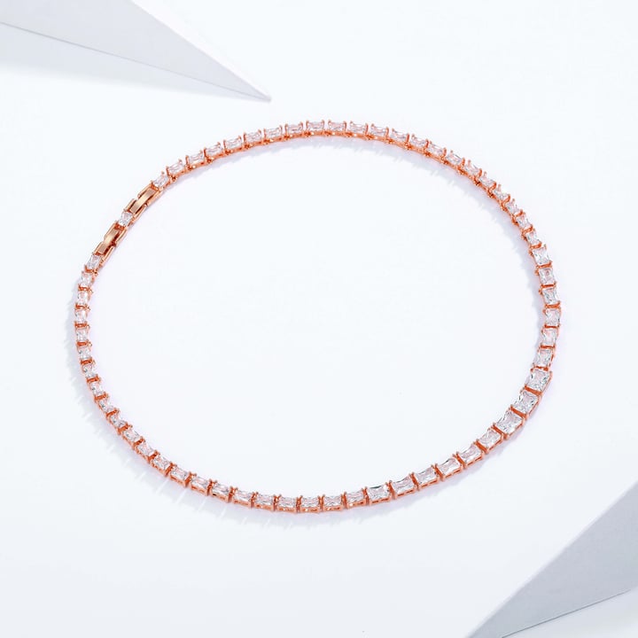 Jazz Tennis Necklace with Baguette Cut Clear Cubic Zirconia Bridal Rose Gold Plated