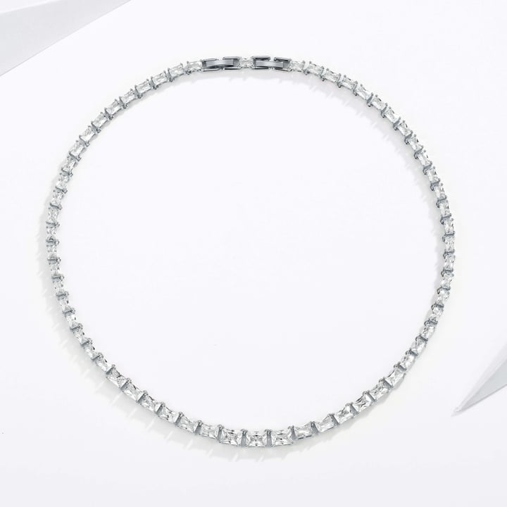Jazz Tennis Necklace with Baguette Cut Clear Cubic Zirconia Bridal Rhodium Plated