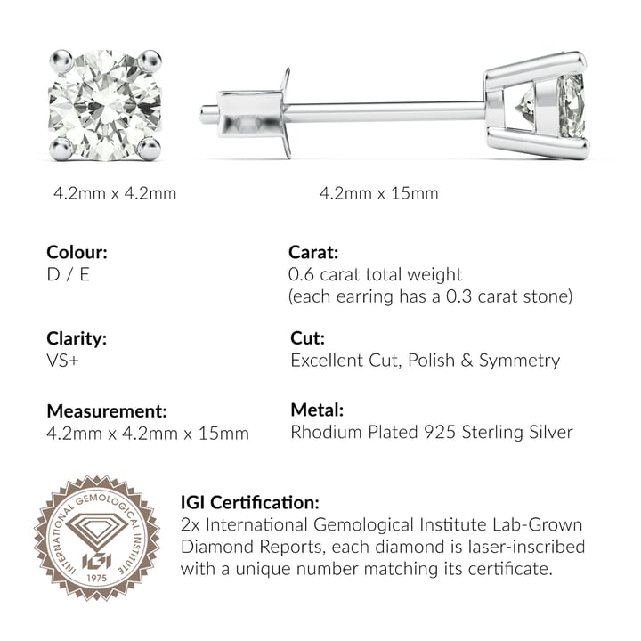 0.6 Carat DE VS+ IGI Certified Lab Grown Diamond Stud Earrings Sterling Silver