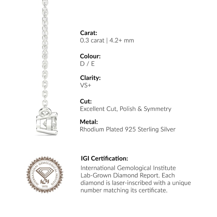 0.3 Carat DE VS+ IGI Certified Lab Grown Diamond Solitaire Pendant Sterling Silver Clear Rhodium Plated