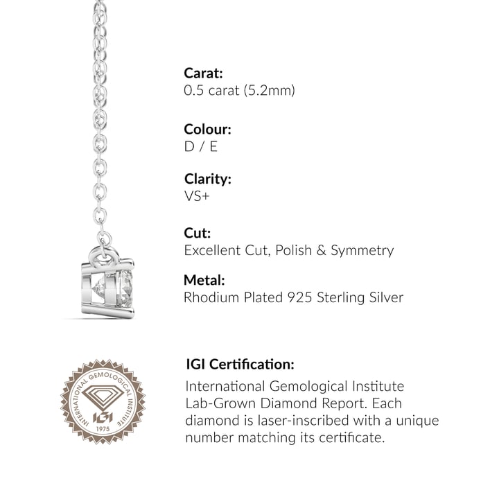 0.5 Carat DE VS+ IGI Certified Lab Grown Diamond Solitaire Pendant Sterling Silver Clear Rhodium Plated