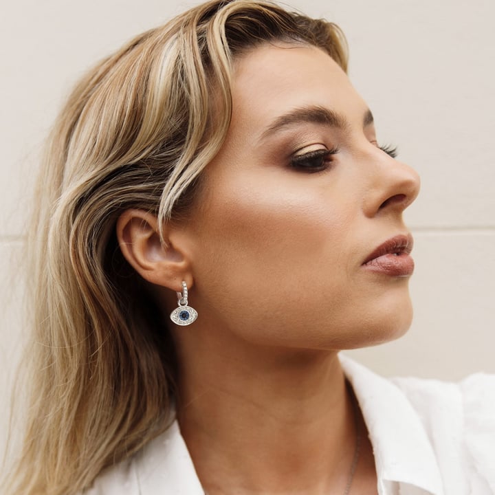 Evil Eye Hoop Earrings Crystals Rhodium Plated