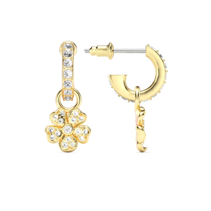 Cherry Blossom Flower Hoop Earrings Clear Crystals Pave Gold Plated