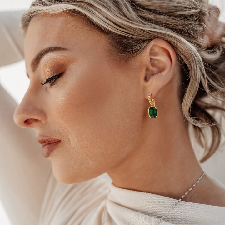 Octagon Drop Earrings Emerald Crystals Gold Plated