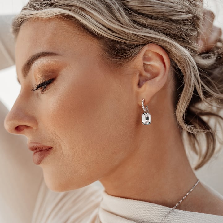 Octagon Drop Earrings Clear Crystals Rhodium Plated