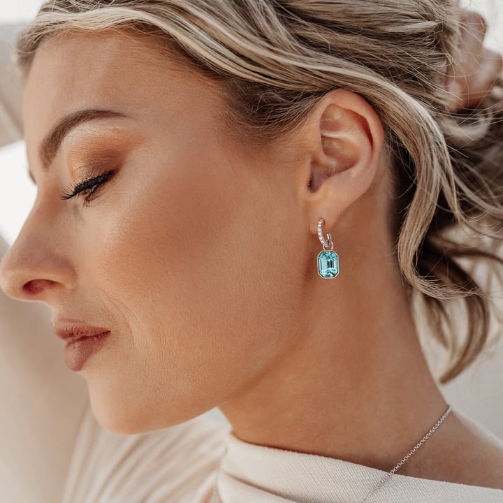 Octagon Drop Earrings Light Turquoise Crystals Rhodium Plated