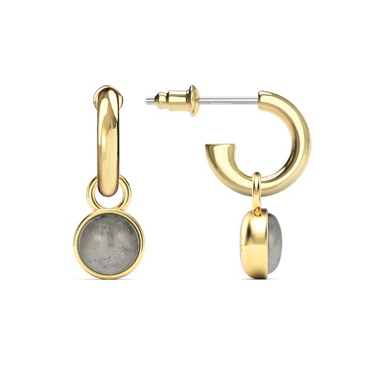 Round Cabochon Drop Earrings Grey Moonstone Gold Plated