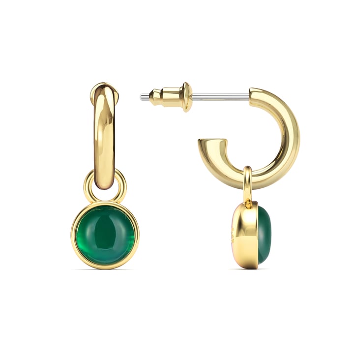 Round Cabochon Drop Earrings Green Onyx Gold Plated