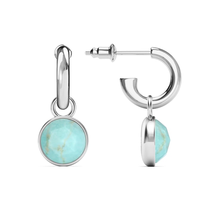 Round Rose Cut Turquoise Drop Earrings Rhodium Plated