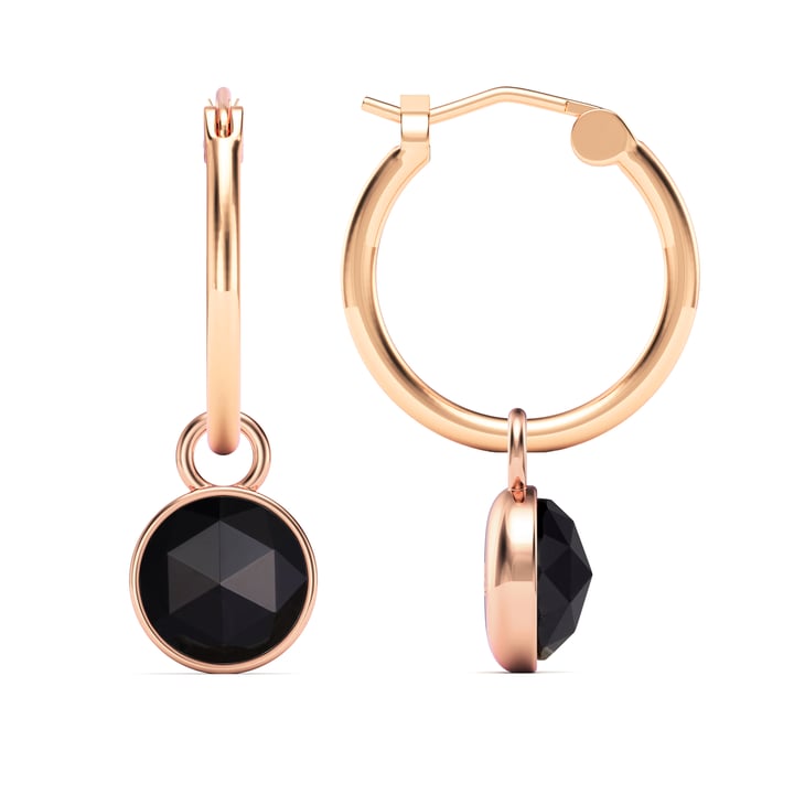 Round Rose Cut Black Onyx 18mm Hoop Drop Earrings Rose Gold Plated