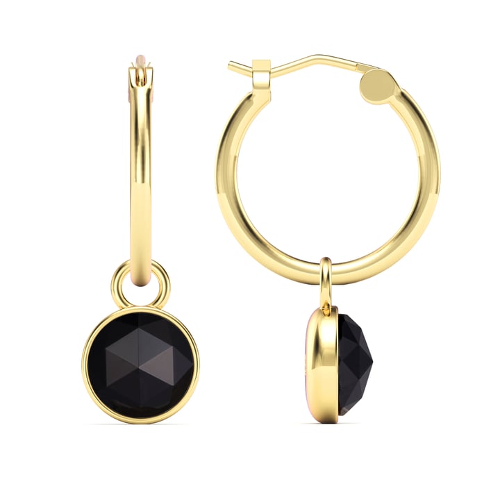 Round Rose Cut Black Onyx 18mm Hoop Drop Earrings Gold Plated