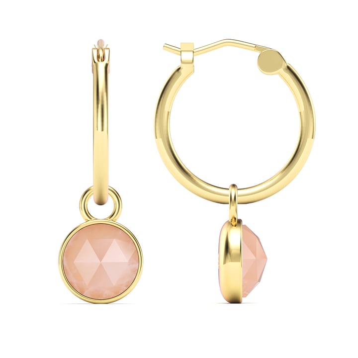 Round Rose Cut Rose Quartz 18mm Hoop Drop Earrings Gold Plated