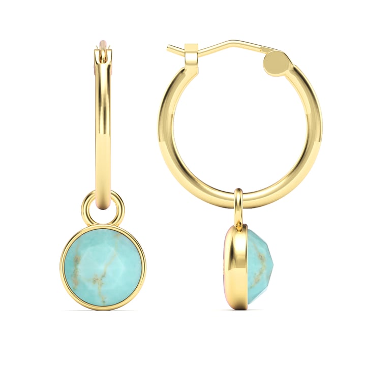 Round Rose Cut Turquoise 18mm Hoop Drop Earrings Gold Plated