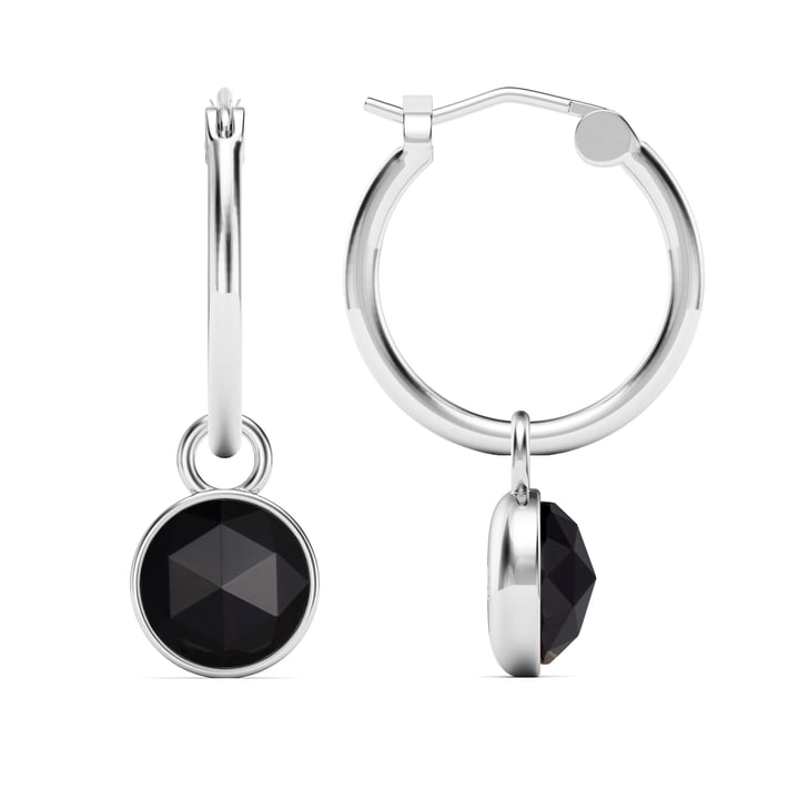 Round Rose Cut Black Onyx 18mm Hoop Drop Earrings Rhodium Plated