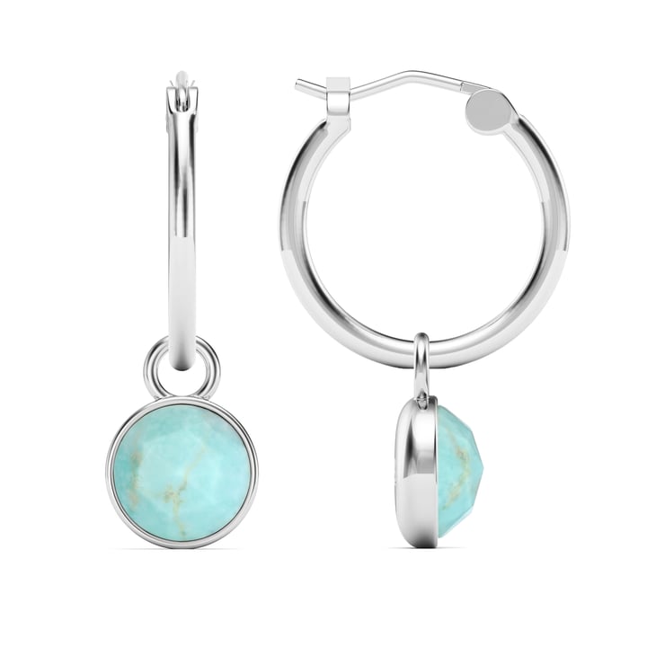 Round Rose Cut Turquoise 18mm Hoop Drop Earrings Rhodium Plated