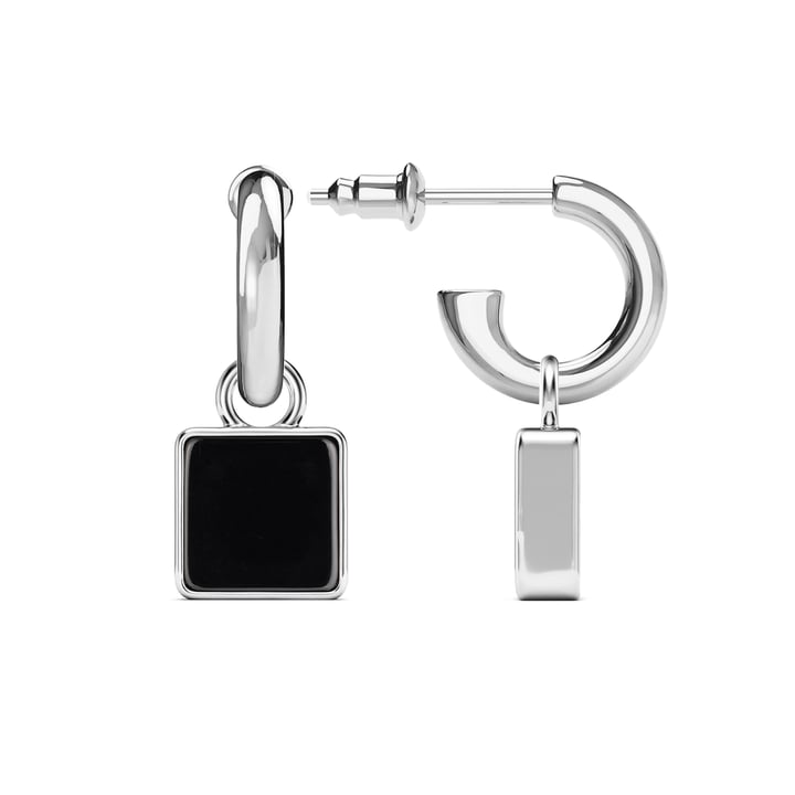 Square Drop Earrings Black Onyx Rhodium Plated