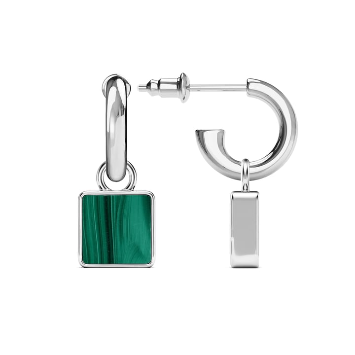 Square Drop Earrings Malachite Rhodium Plated