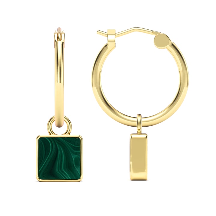 Square 18mm Hoop Drop Earrings Malachite Gold Plated