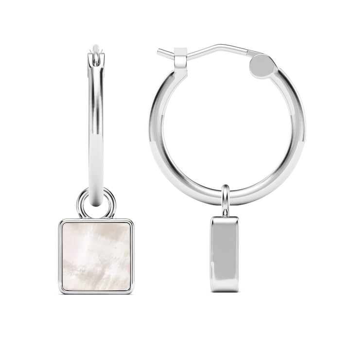 Square 18mm Hoop Drop Earrings Mother of Pearl Rhodium Plated