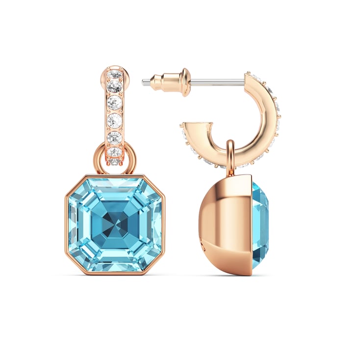 Asscher Mix Charms and Eternity 11mm Carrier Earrings Set Aquamarine Rose Gold Plated