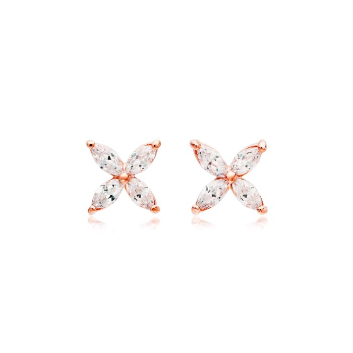 Victoria Flower Marquise Clear CZ Stud Earrings Bridal Rose Gold Plated