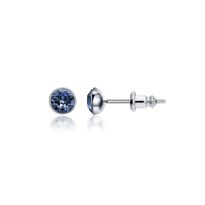 Signature Stud Earrings with Carat Denim Blue Swarovski Crystals 3 Sizes Rhodium Plated