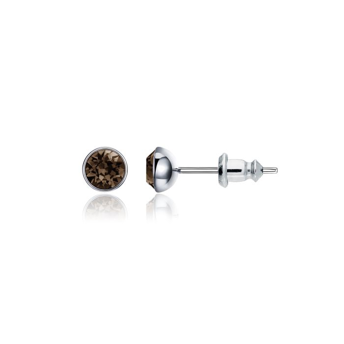 Signature Stud Earrings with Carat Smoky Quartz Swarovski Crystals 3 Sizes Rhodium Plated