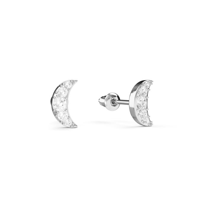 Petite Half Moon Stud Earrings Clear Crystals Rhodium Plated