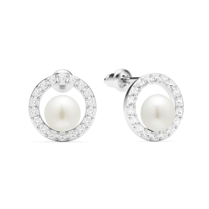 Halo Freshwater Pearl Stud Earrings White Freshwater Pearl Rhodium Plated