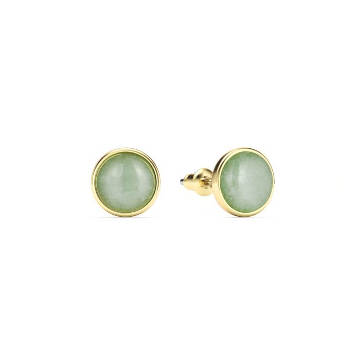 Round Petite Cabochon Stud Earrings Green Aventurine Gold Plated