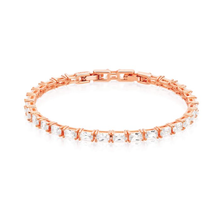 Jazz Tennis Bracelet with Baguette Cut Clear Cubic Zirconia Bridal Rose Gold Plated