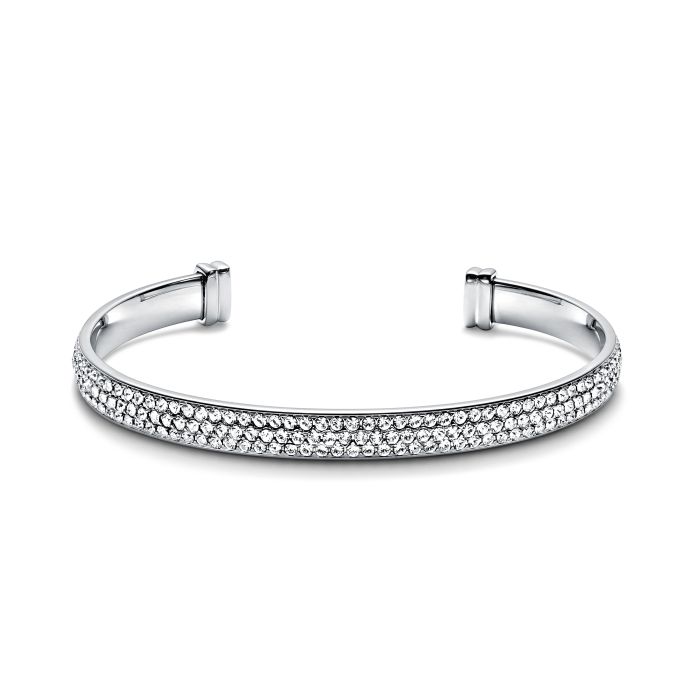 Showstopper Statement Open Bangle with Clear Austrian Crystals Rhodium Plated