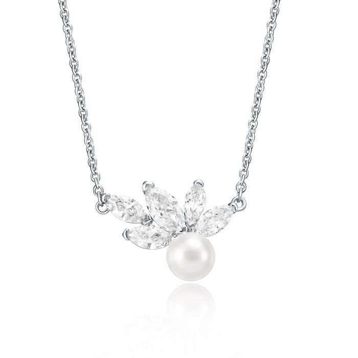 Louison Pearl Necklace with Clear CZ Rhodium Plated