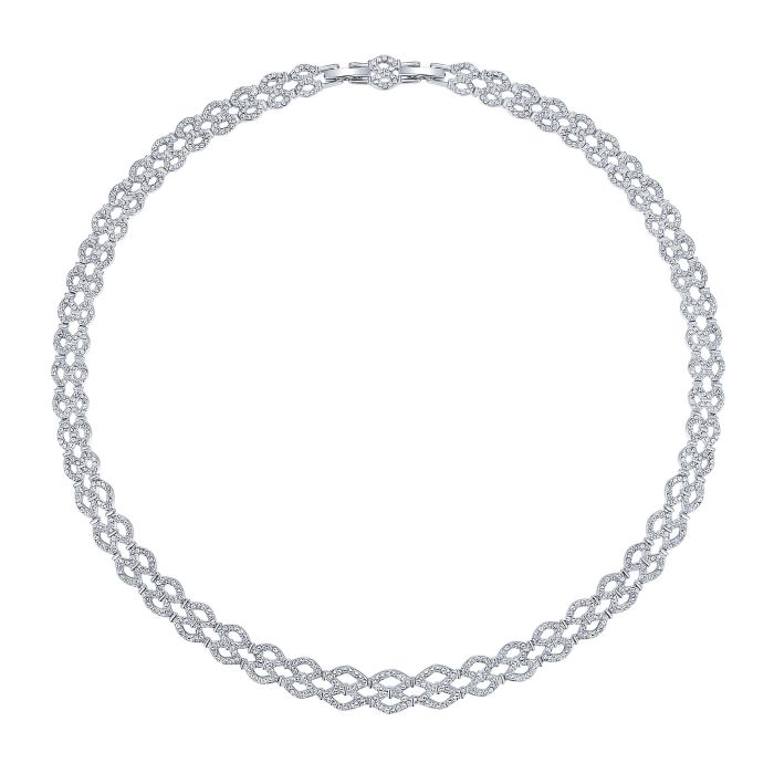 Lace Wide Necklace w Clear Swarovski Crystals Rhodium Plated Bridal
