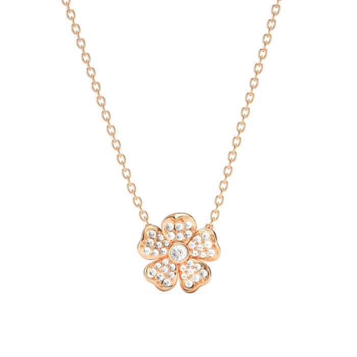 Cherry Blossom Flower Necklace Clear Crystals Pave Rose Gold Plated