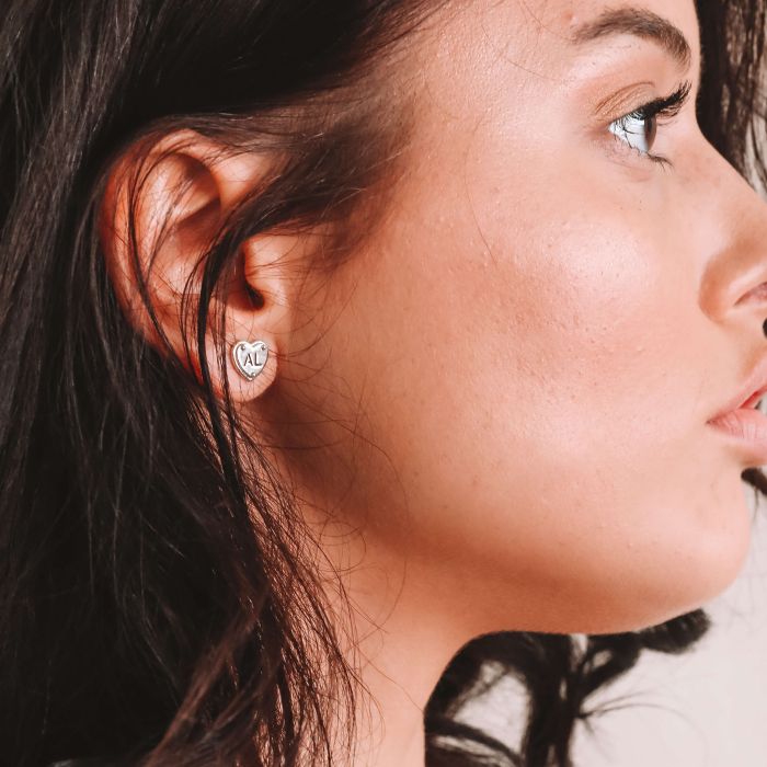 Personalised Holepunched Coupled Heart Stud Earrings in Sterling Silver