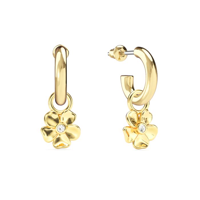 Cherry Blossom Flower Hoop Earrings Clear Crystals Gold Plated