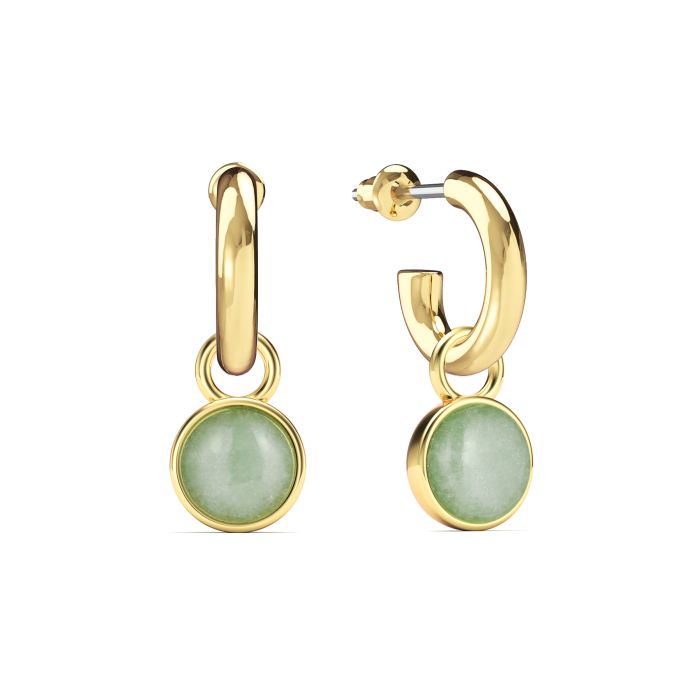 Round Cabochon Drop Earrings Green Aventurine Gold Plated