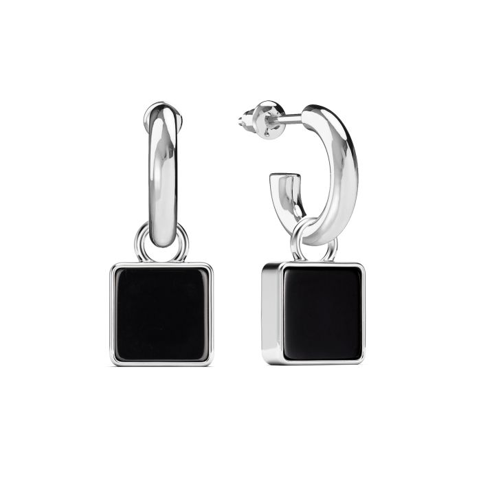 Square Drop Earrings Black Onyx Rhodium Plated