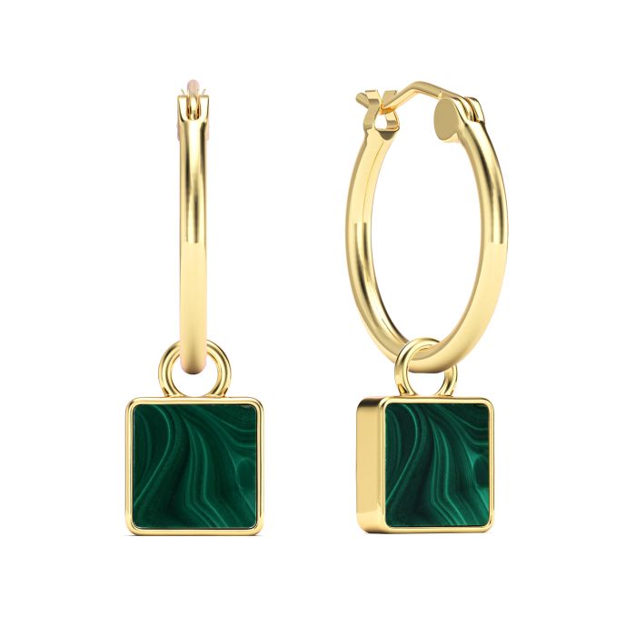 Square 18mm Hoop Drop Earrings Malachite Gold Plated
