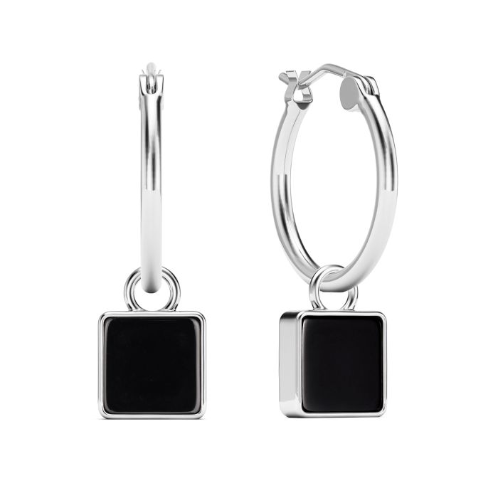 Square 18mm Hoop Drop Earrings Black Onyx Rhodium Plated