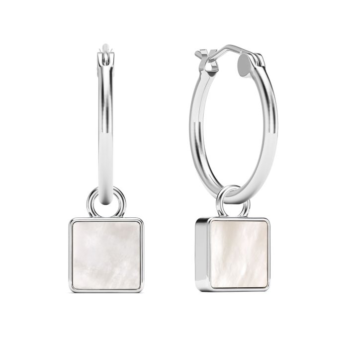 Square 18mm Hoop Drop Earrings Mother of Pearl Rhodium Plated