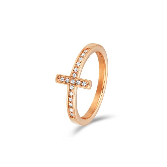 Minimalist Cross Ring with Swarovski Crystals Rose Gold Plated