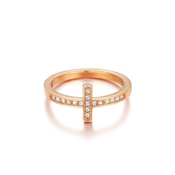 Minimalist Cross Ring with Clear Swarovski Crystals Rose Gold Plated