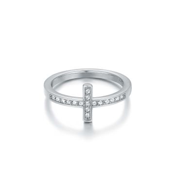 Minimalist Cross Ring with Clear Swarovski Crystals Rhodium Plated