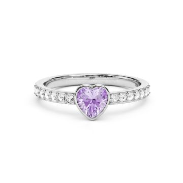 Solitaire Petite Heart Ring with Violet Crystals Rhodium Plated