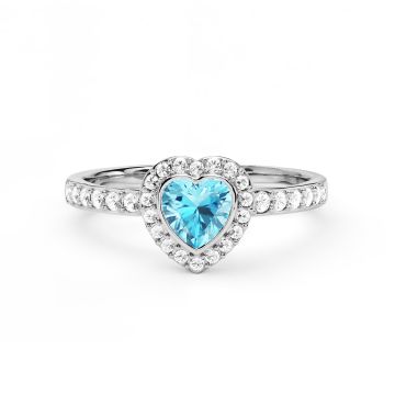 Halo Heart Statement Ring with Aquamarine Crystals Rhodium Plated