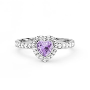 Halo Heart Statement Ring with Violet Crystals Rhodium Plated