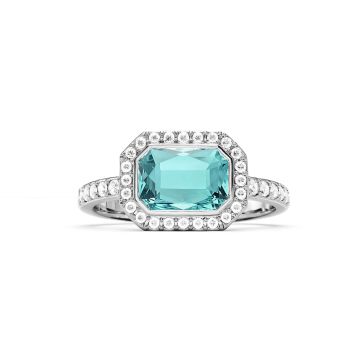 Halo Octagon Statement Ring with Light Turquoise Crystals Rhodium Plated